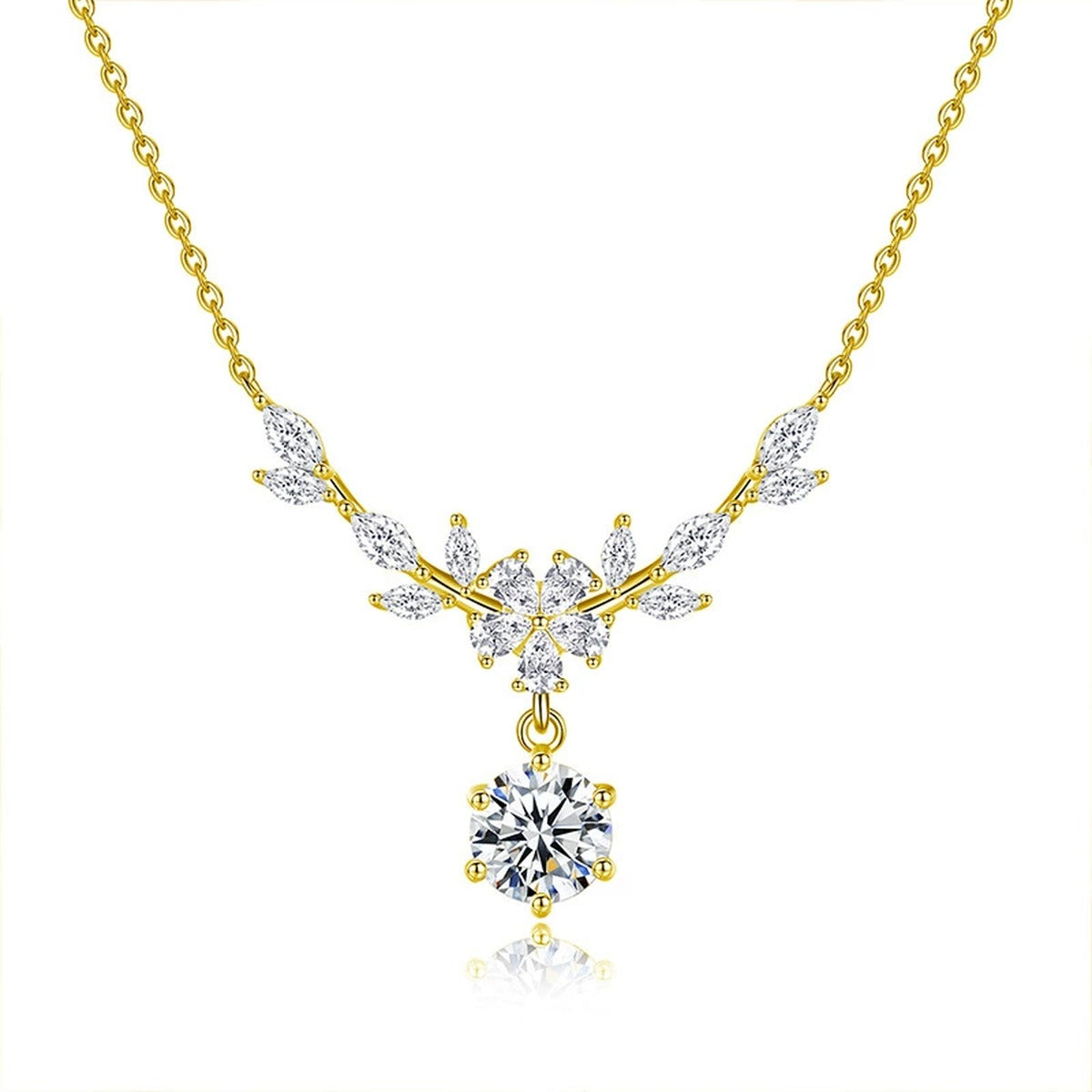 Wheat Branch Round Moissanite Necklace with CZ in Gold-Plated S925 sterling silver white background front product view showing wheat-inspired branch necklace ending in a round moissanite drop