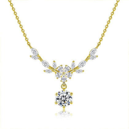 Wheat Branch Round Moissanite Necklace with CZ in Gold-Plated S925 sterling silver white background front product view showing wheat-inspired branch necklace ending in a round moissanite drop