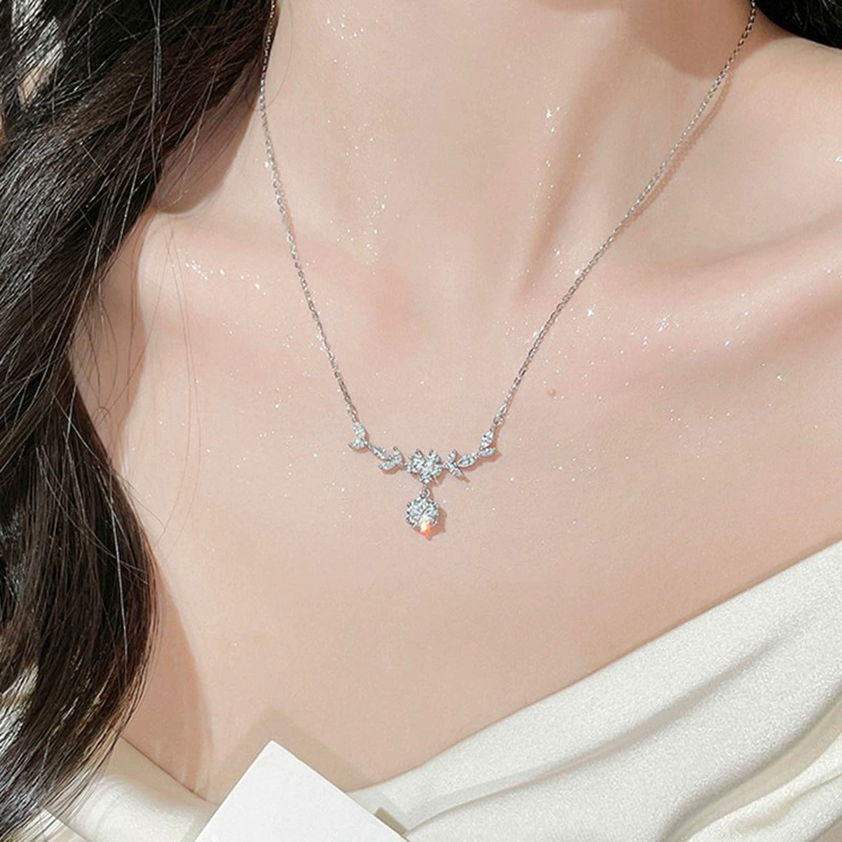Wheat Branch Round Moissanite Necklace with CZ in Gold-Plated S925 sterling silver neckline model view showing pendant scale and chain length