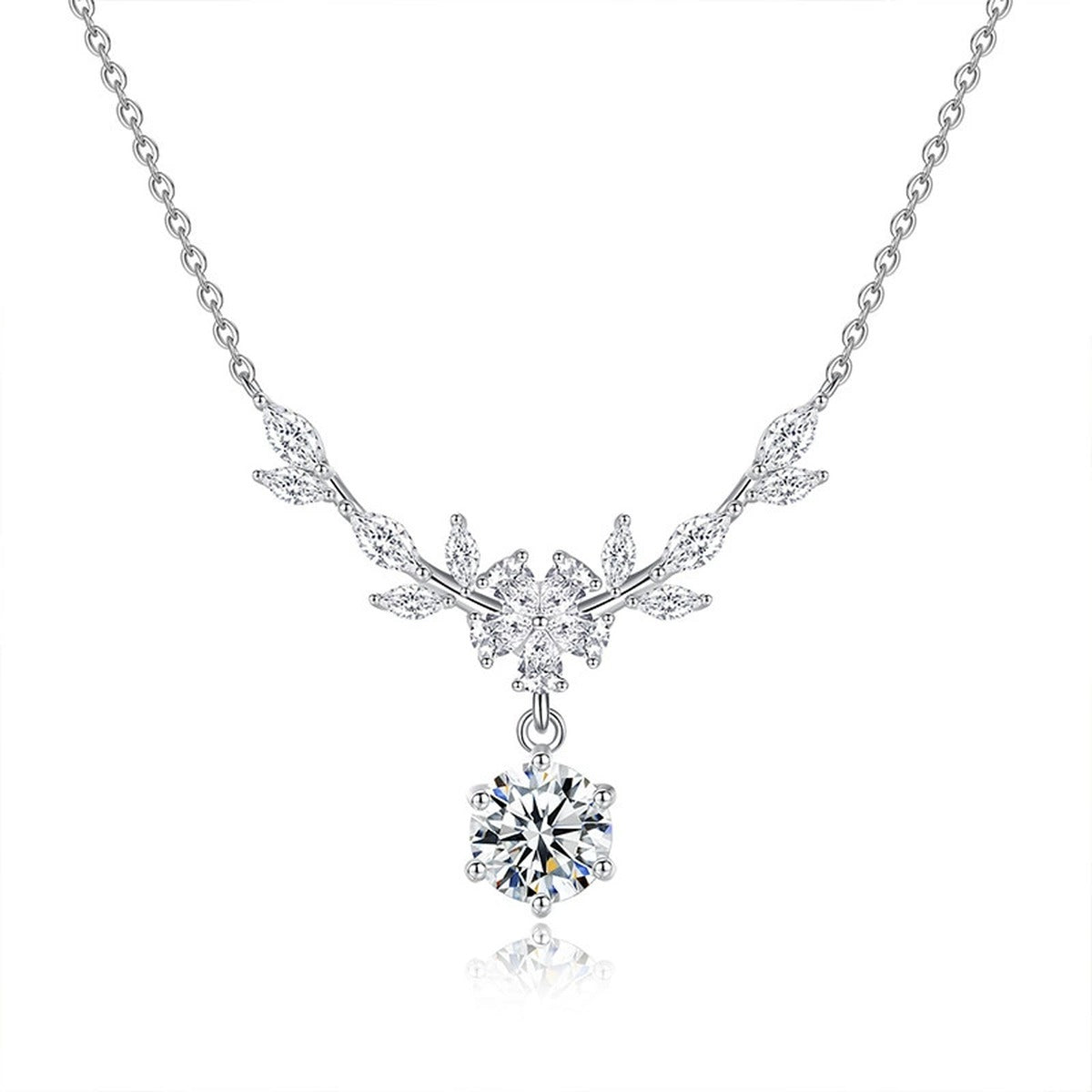 Wheat Branch Round Moissanite Necklace with CZ in Gold-Plated S925 sterling silver alternate metal color white background product view showing wheat-inspired branch necklace ending in a round moissanite drop