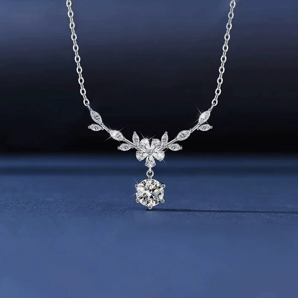Wheat Branch Round Moissanite Necklace with CZ in Gold-Plated S925 sterling silver display scene showing chain and stone layout