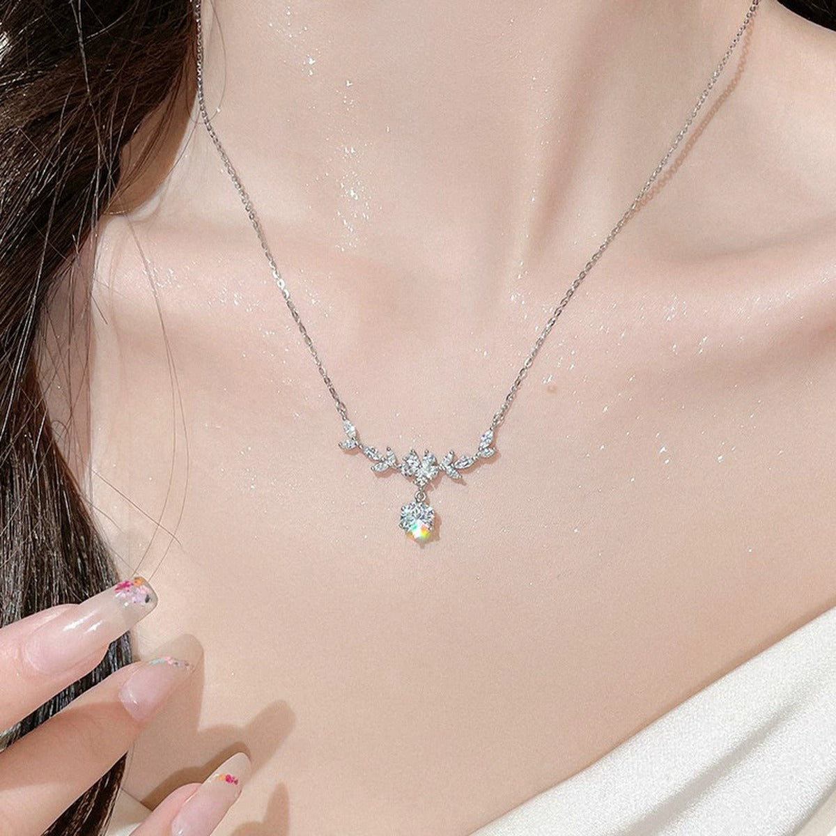 Wheat Branch Round Moissanite Necklace with CZ in Gold-Plated S925 sterling silver additional worn styling view showing the pendant on the body