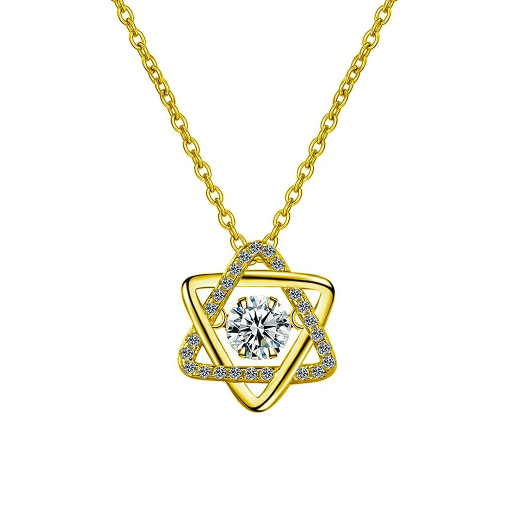 Six-Point Star Round Moissanite Necklace with CZ in Gold-Plated S925 sterling silver white background front product view showing interlaced six-point star pendant centered with a round moissanite