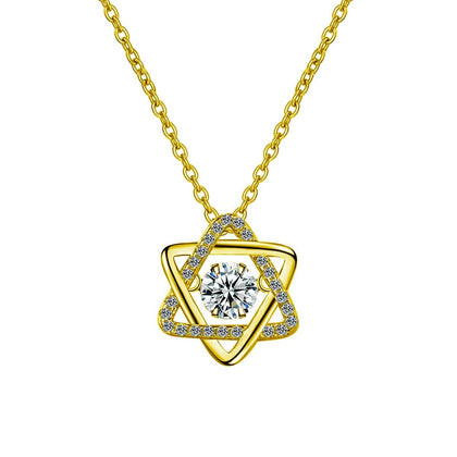 Six-Point Star Round Moissanite Necklace with CZ in Gold-Plated S925 sterling silver white background front product view showing interlaced six-point star pendant centered with a round moissanite