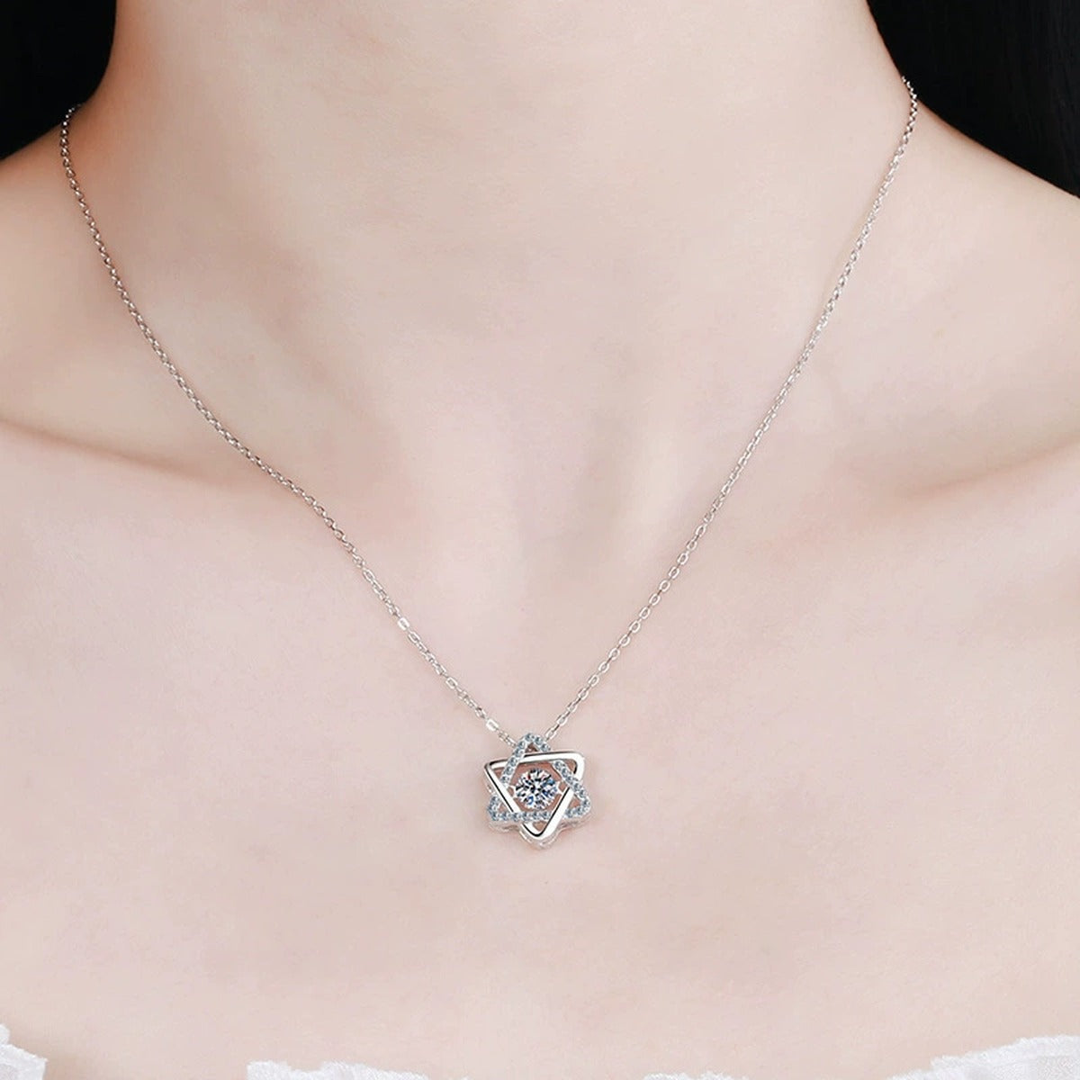 Six-Point Star Round Moissanite Necklace with CZ in Gold-Plated S925 sterling silver neckline model view showing pendant scale and chain length