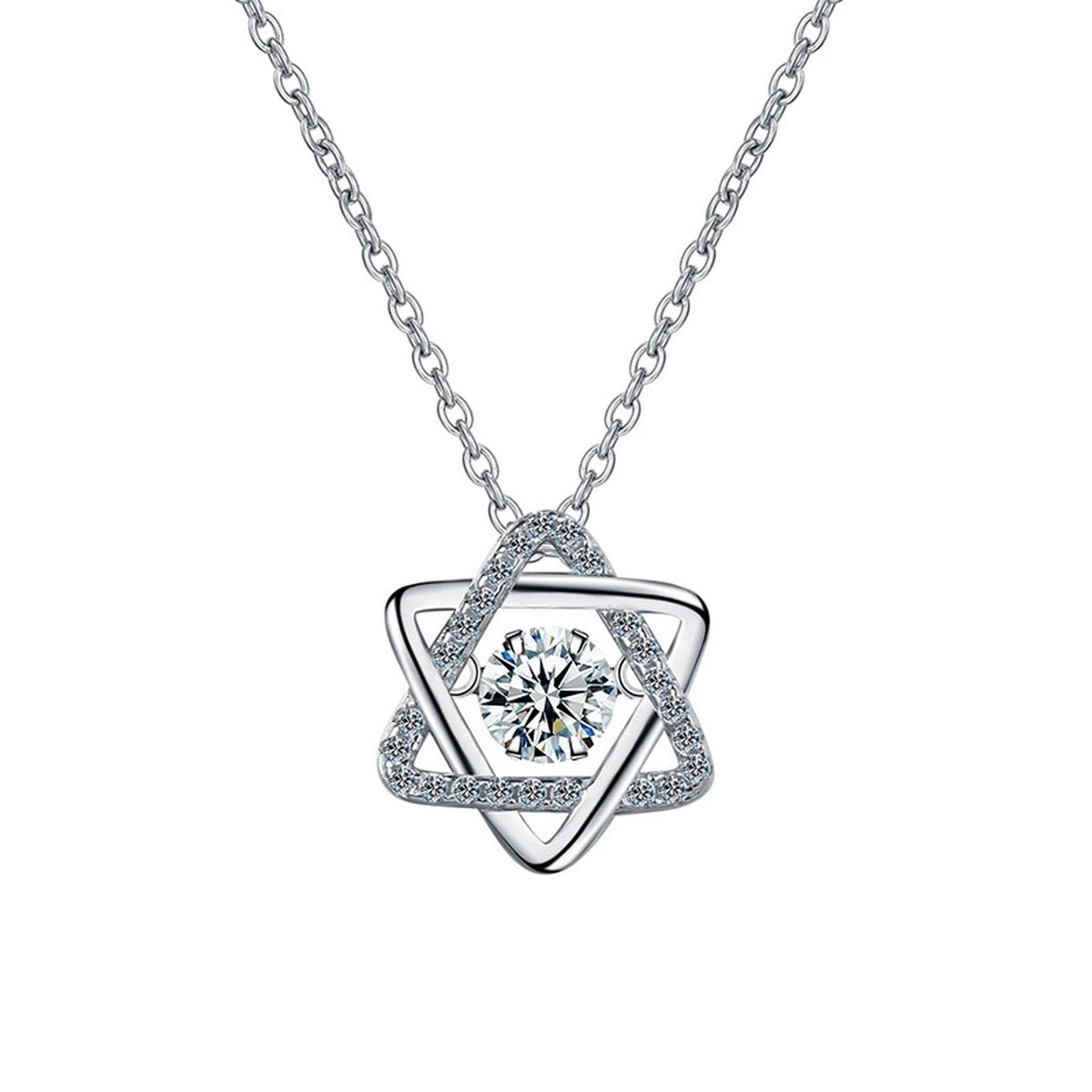 Six-Point Star Round Moissanite Necklace with CZ in Gold-Plated S925 sterling silver alternate metal color white background product view showing interlaced six-point star pendant centered with a round moissanite