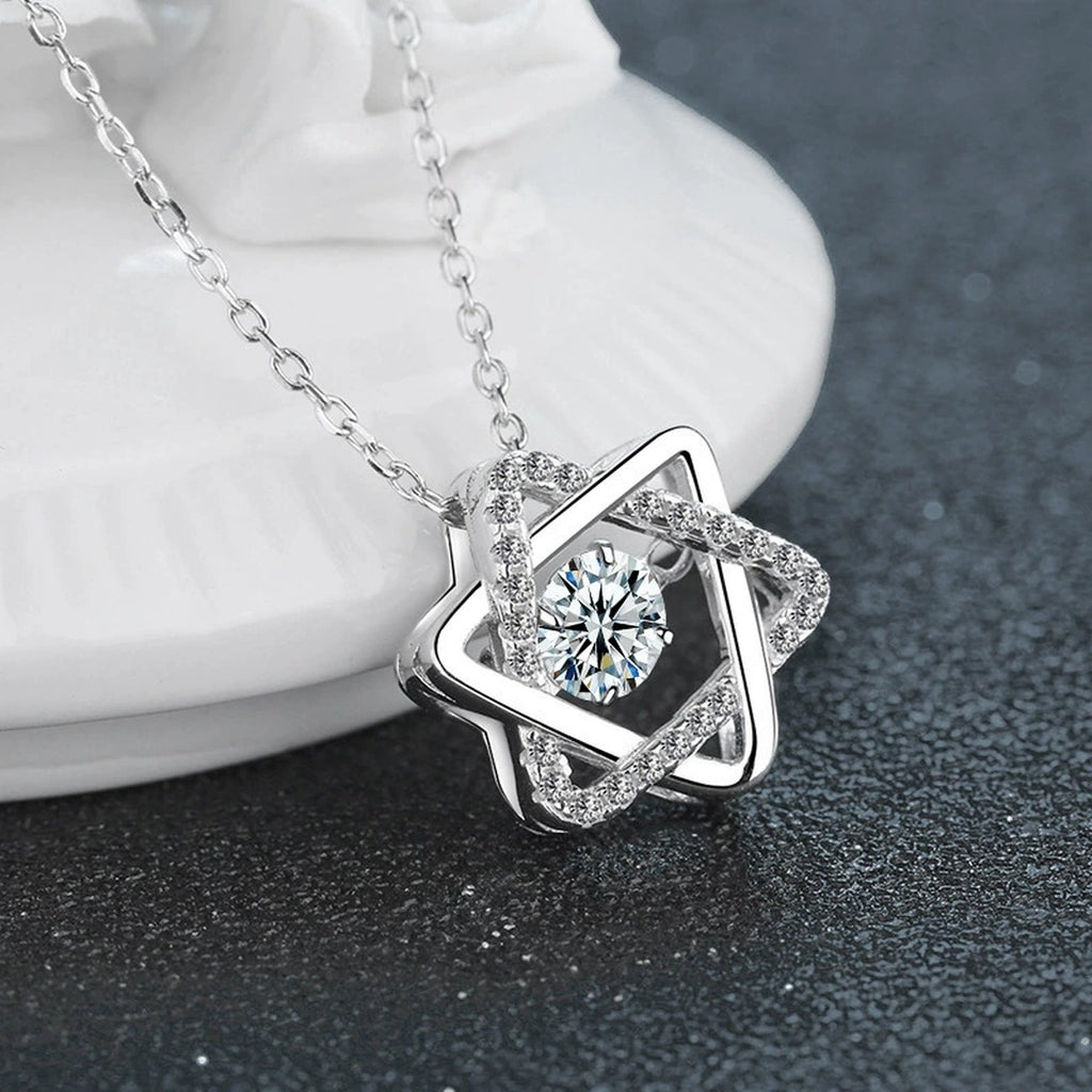 Six-Point Star Round Moissanite Necklace with CZ in Gold-Plated S925 sterling silver close-up styled product scene showing pendant setting