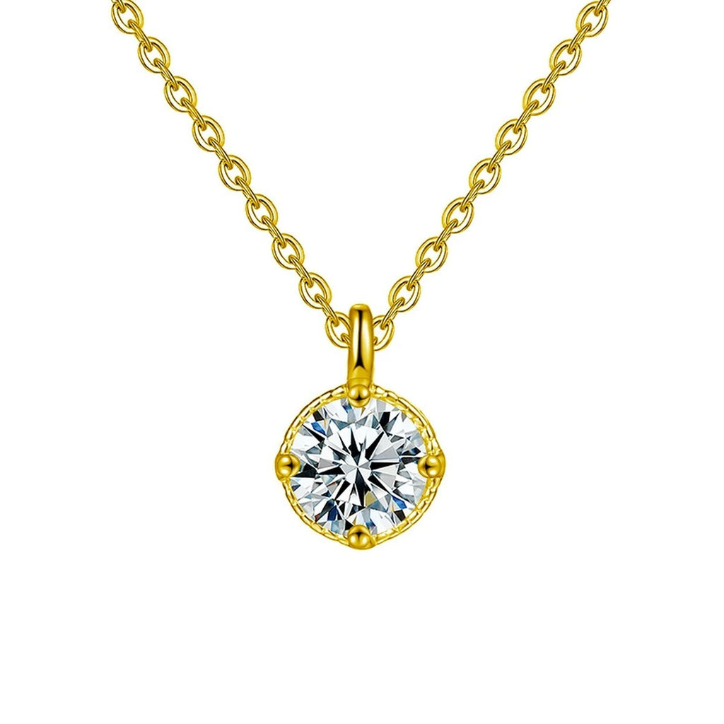 Round Halo Moissanite Solitaire Necklace in Gold-Plated S925 sterling silver white background front product view showing round moissanite solitaire edged by a slender polished halo