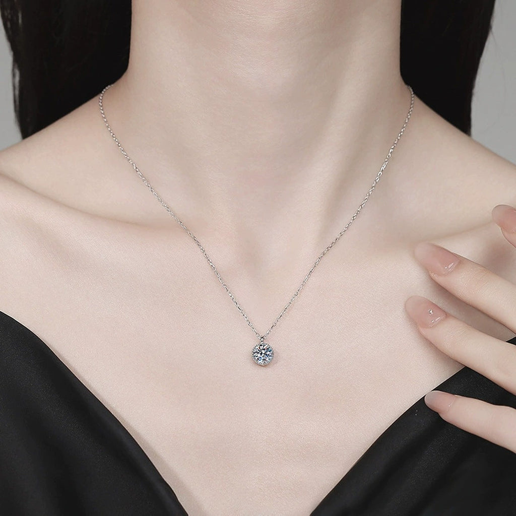 Round Halo Moissanite Solitaire Necklace in Gold-Plated S925 sterling silver neckline model view showing pendant scale and chain length