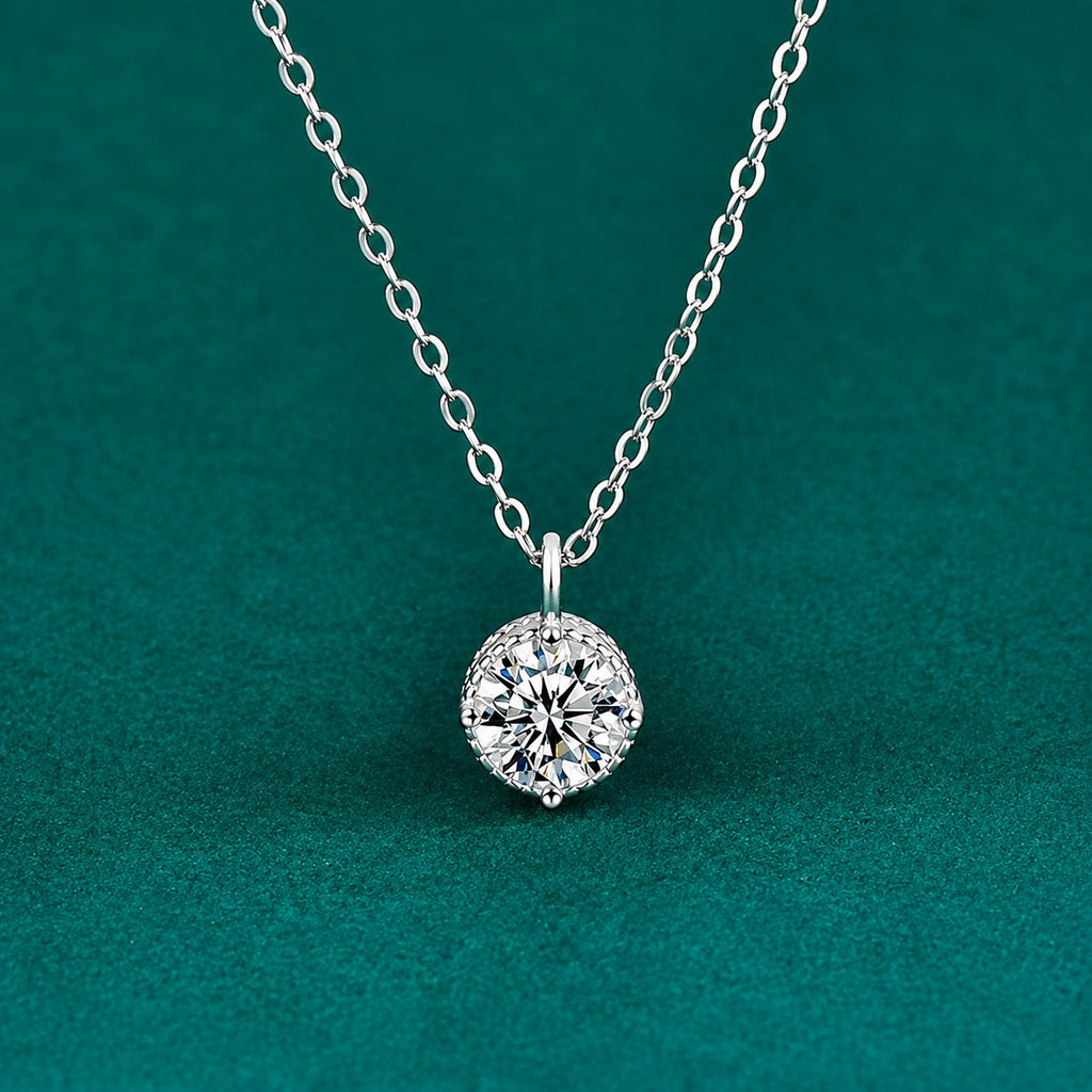Round Halo Moissanite Solitaire Necklace in Gold-Plated S925 sterling silver close-up styled product scene showing pendant setting