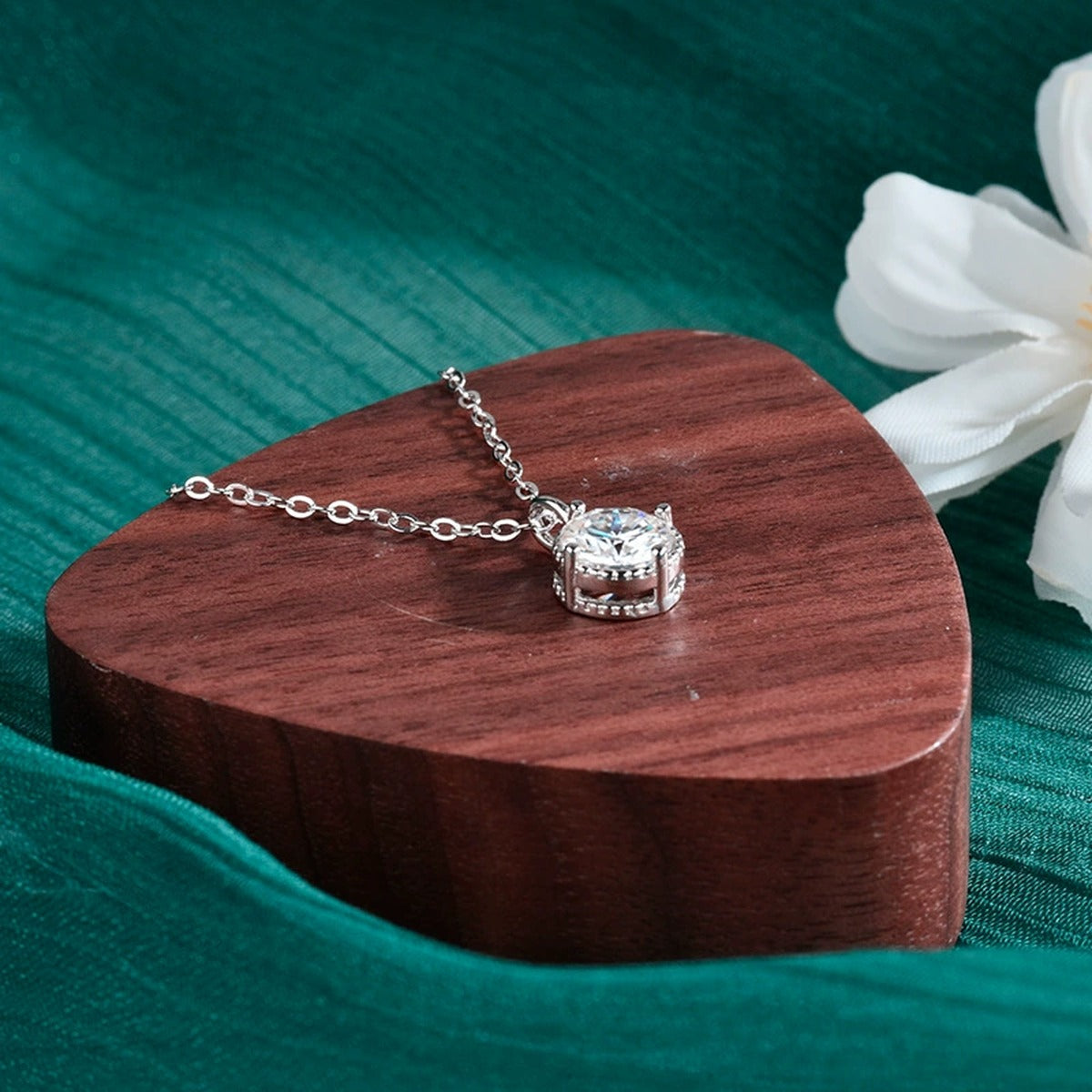 Round Halo Moissanite Solitaire Necklace in Gold-Plated S925 sterling silver display scene showing chain and stone layout