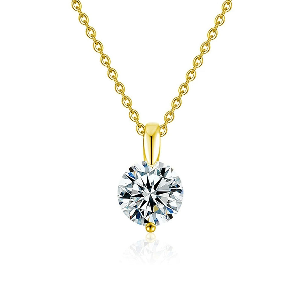 Six-Prong Round Moissanite Solitaire Necklace in Gold-Plated S925 sterling silver white background front product view showing six-prong round moissanite solitaire with an open, light-catching profile