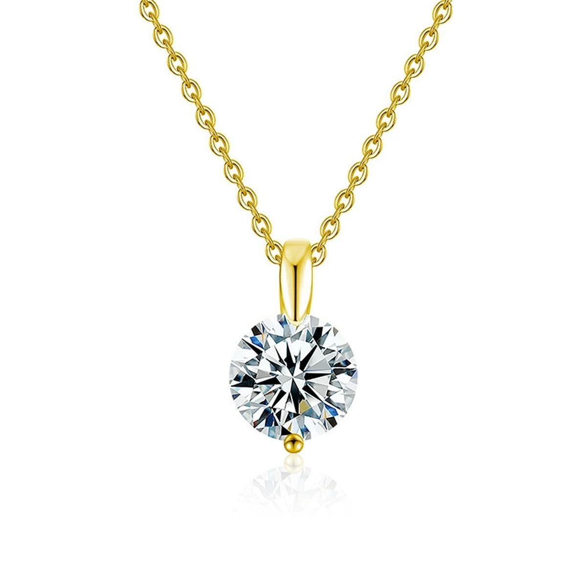 Six-Prong Round Moissanite Solitaire Necklace in Gold-Plated S925 sterling silver white background front product view showing six-prong round moissanite solitaire with an open, light-catching profile