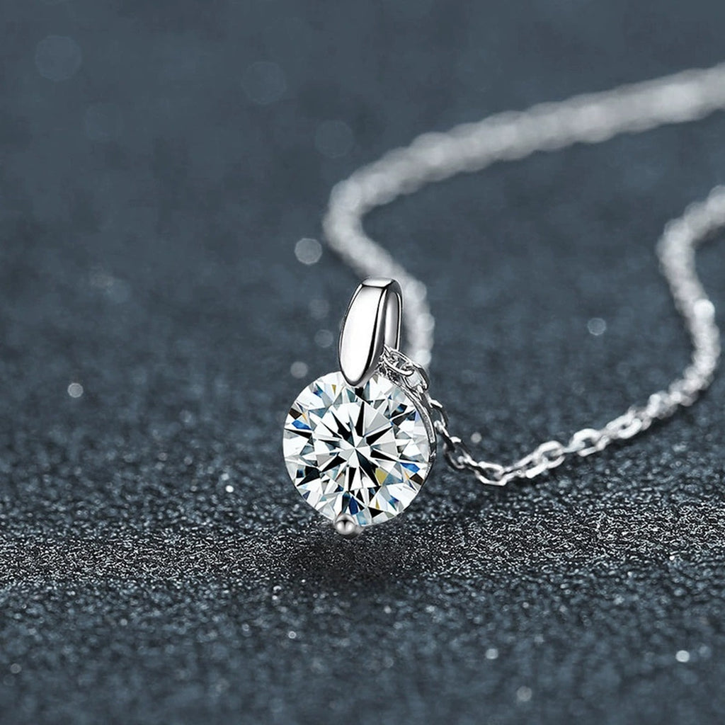 Six-Prong Round Moissanite Solitaire Necklace in Gold-Plated S925 sterling silver display scene showing chain and stone layout