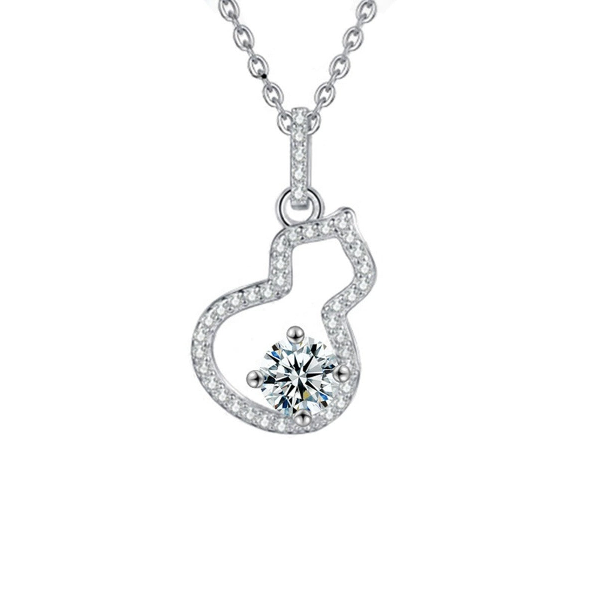 Gourd Round Moissanite Necklace with CZ in White Gold-Plated S925 sterling silver white background front product view showing open gourd-shaped pendant cradling a round moissanite with CZ accents