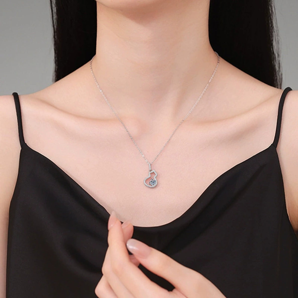 Gourd Round Moissanite Necklace with CZ in White Gold-Plated S925 sterling silver neckline model view showing pendant scale and chain length