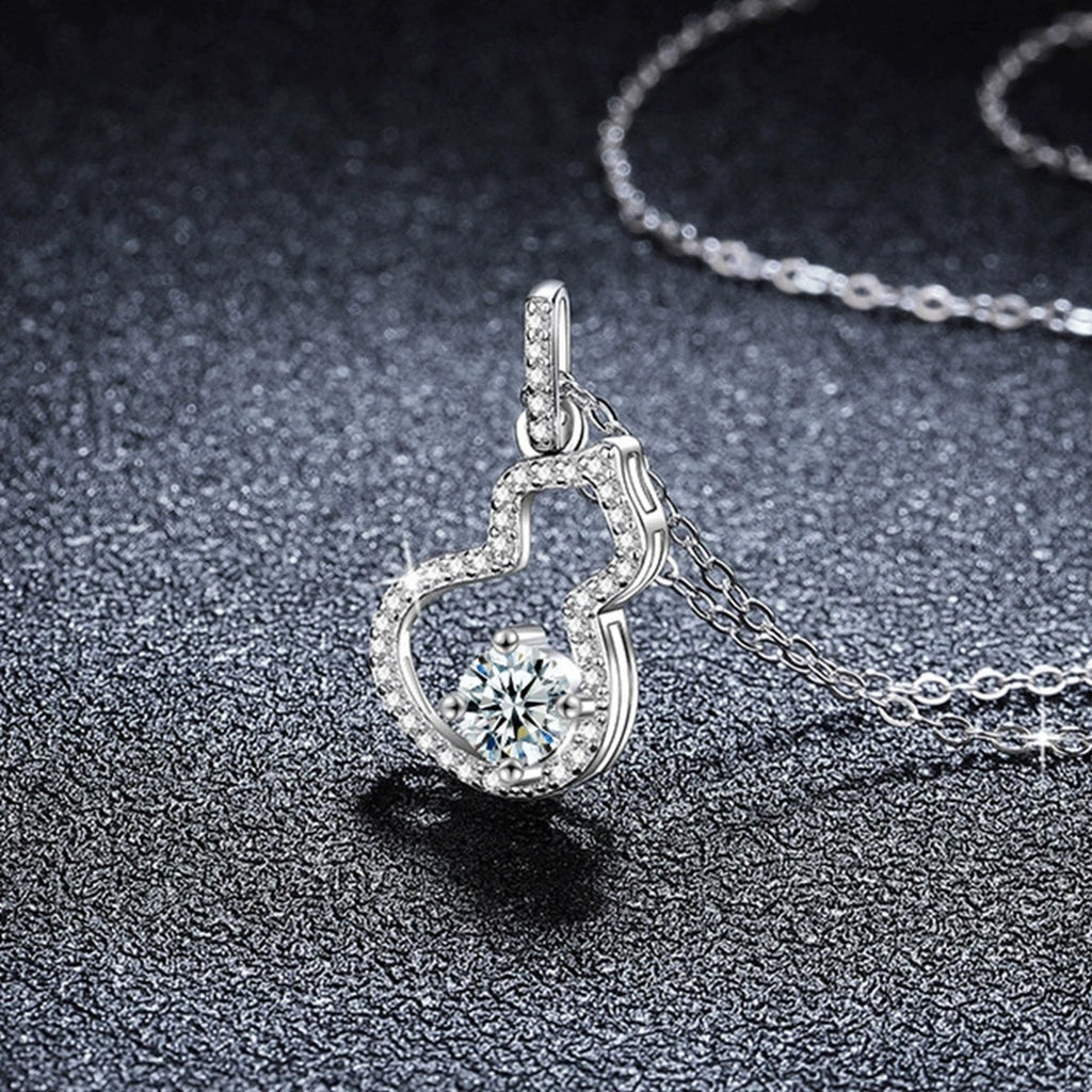 Gourd Round Moissanite Necklace with CZ in White Gold-Plated S925 sterling silver display scene showing chain and stone layout