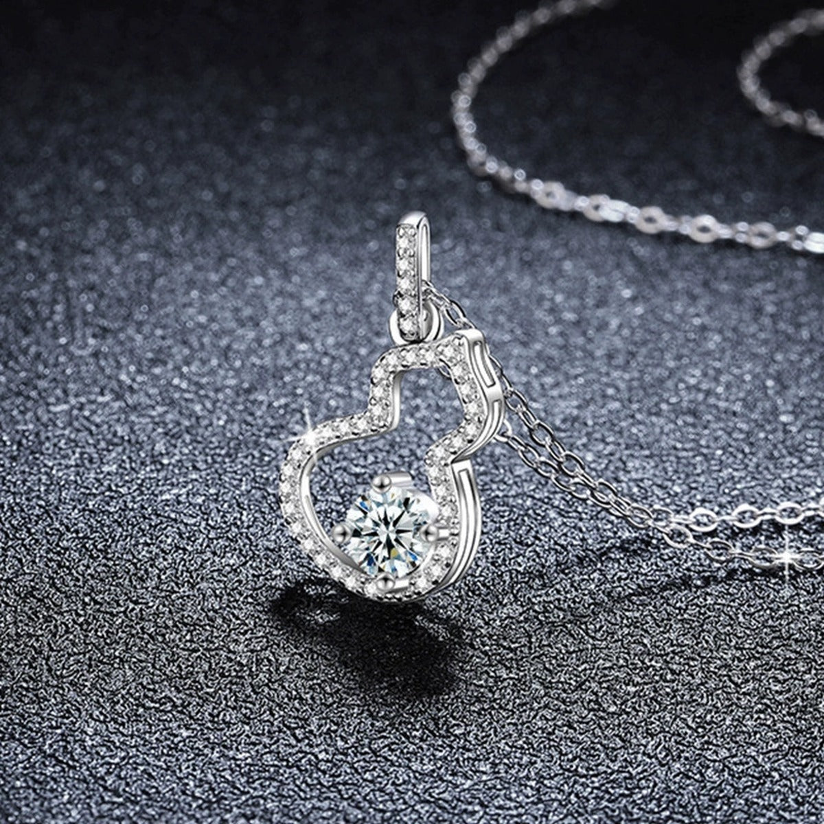 Gourd Round Moissanite Necklace with CZ in White Gold-Plated S925 sterling silver display scene showing chain and stone layout