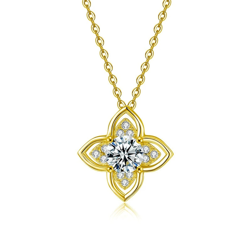Four-Leaf Clover Round Moissanite Necklace with CZ in Gold-Plated S925 sterling silver white background front product view showing four pointed clover petals framing a round moissanite center