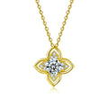 Four-Leaf Clover Round Moissanite Necklace with CZ in Gold-Plated S925 sterling silver white background front product view showing four pointed clover petals framing a round moissanite center