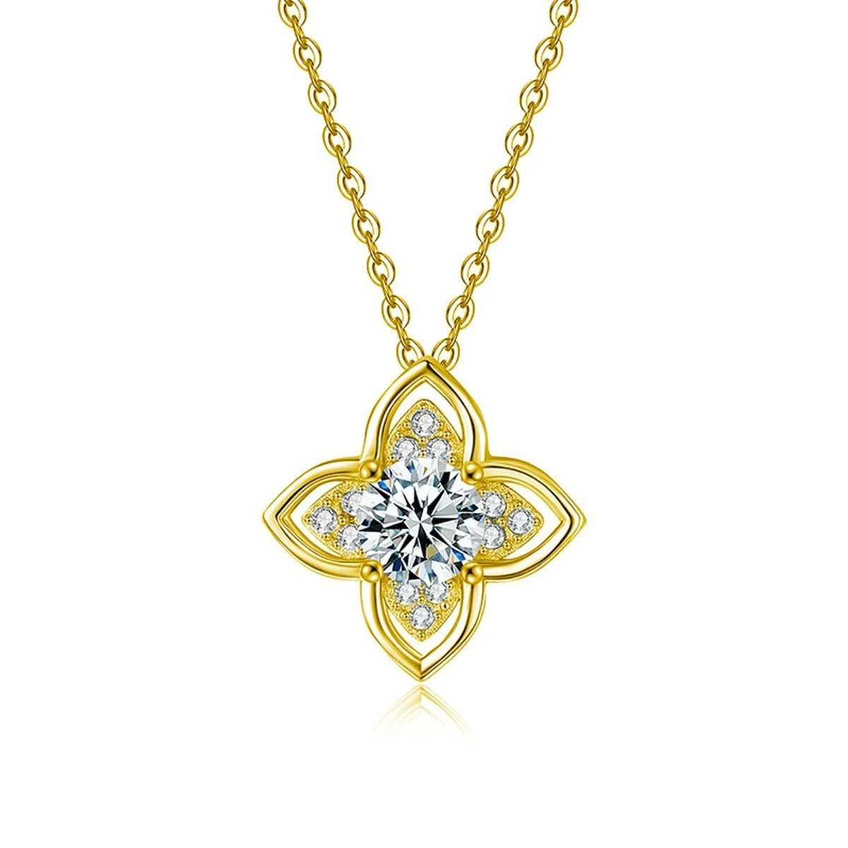Four-Leaf Clover Round Moissanite Necklace with CZ in Gold-Plated S925 sterling silver white background front product view showing four pointed clover petals framing a round moissanite center
