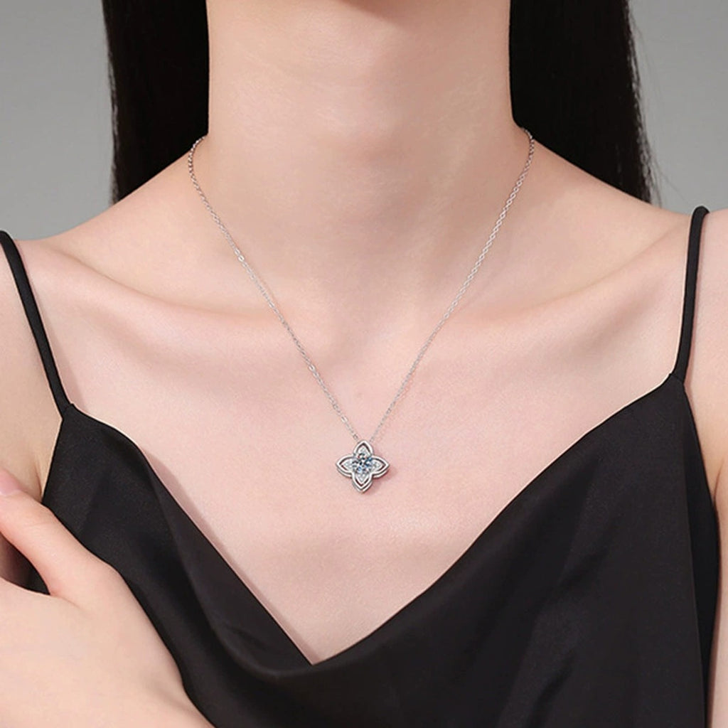 Four-Leaf Clover Round Moissanite Necklace with CZ in Gold-Plated S925 sterling silver neckline model view showing pendant scale and chain length