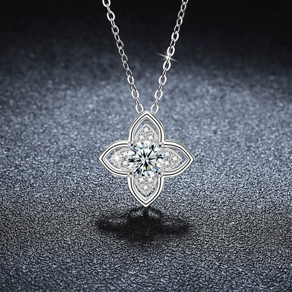 Four-Leaf Clover Round Moissanite Necklace with CZ in Gold-Plated S925 sterling silver close-up styled product scene showing pendant setting