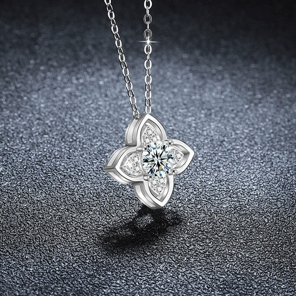Four-Leaf Clover Round Moissanite Necklace with CZ in Gold-Plated S925 sterling silver angled product detail view