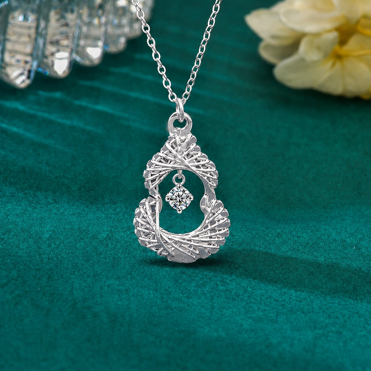 Gourd Round Moissanite Necklace in Gold-Plated S925 sterling silver dark display product view showing pendant and chain