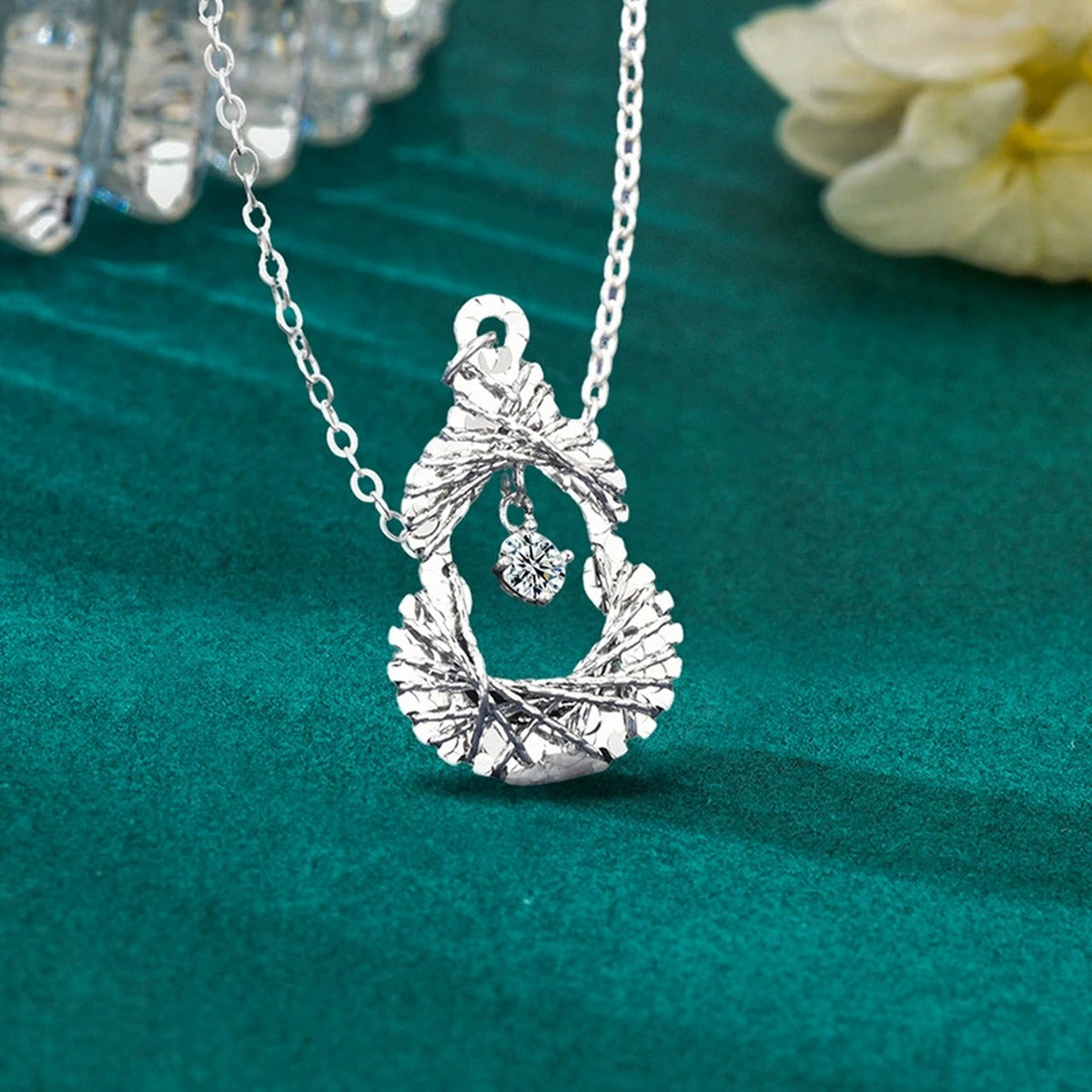 Gourd Round Moissanite Necklace in Gold-Plated S925 sterling silver angled necklace detail showing pendant profile