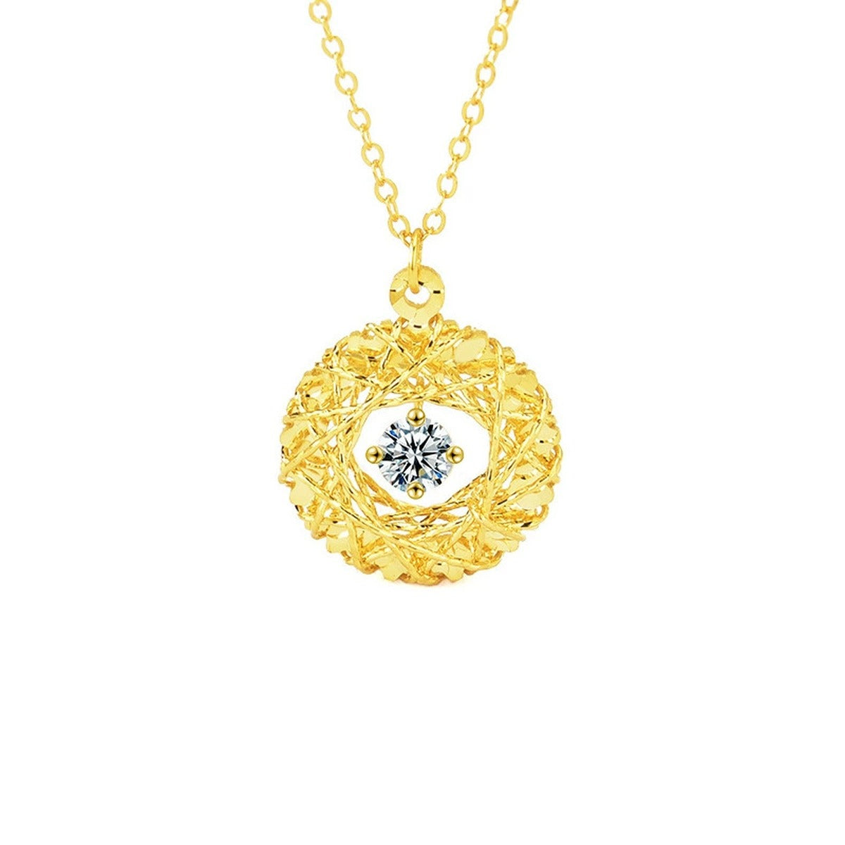 Nest Round Moissanite Necklace in Gold-Plated S925 sterling silver white background product photo showing nest-inspired circle pendant with a 0.3 ct round moissanite center