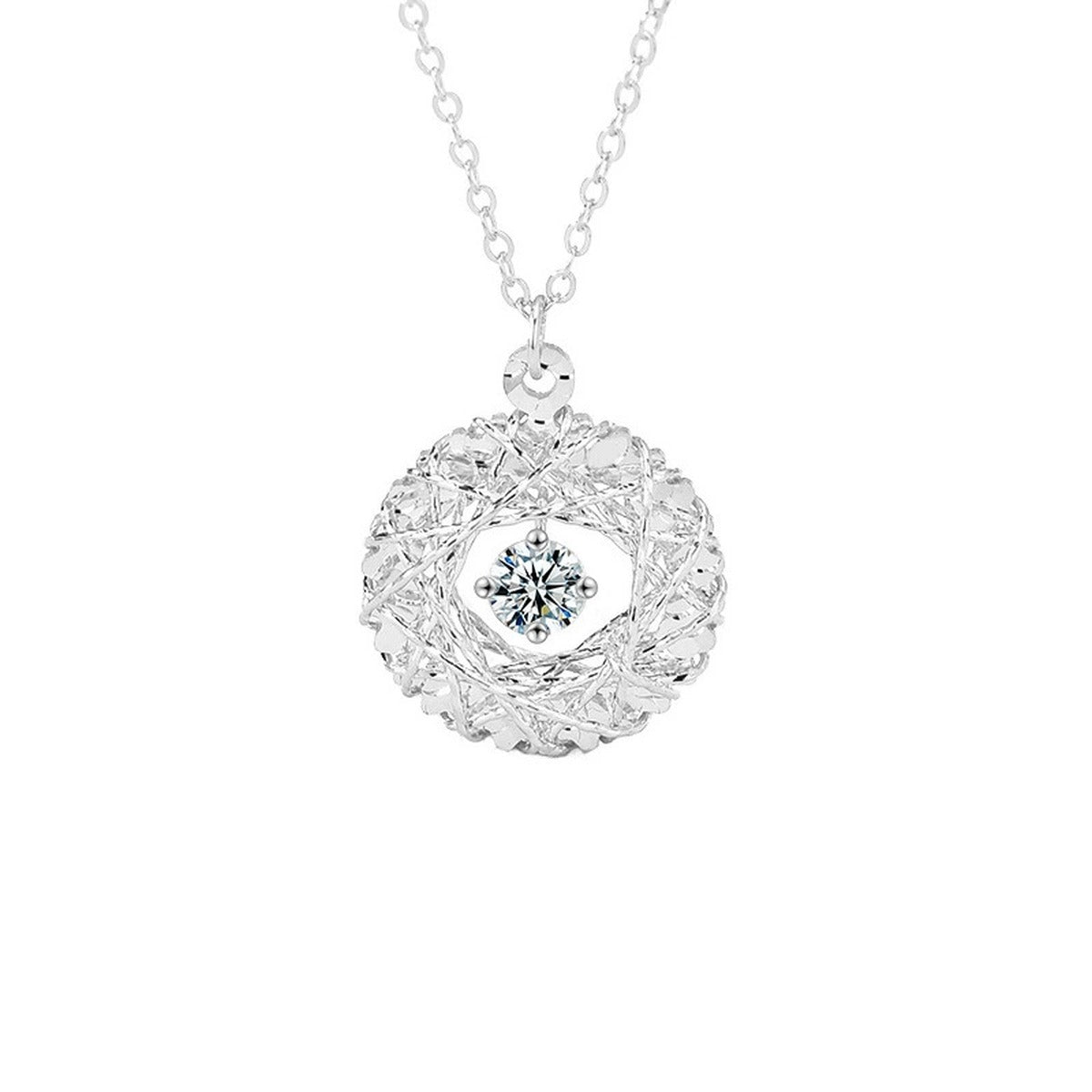 Nest Round Moissanite Necklace in Gold-Plated S925 sterling silver white background product photo showing nest-inspired circle pendant with a 0.3 ct round moissanite center