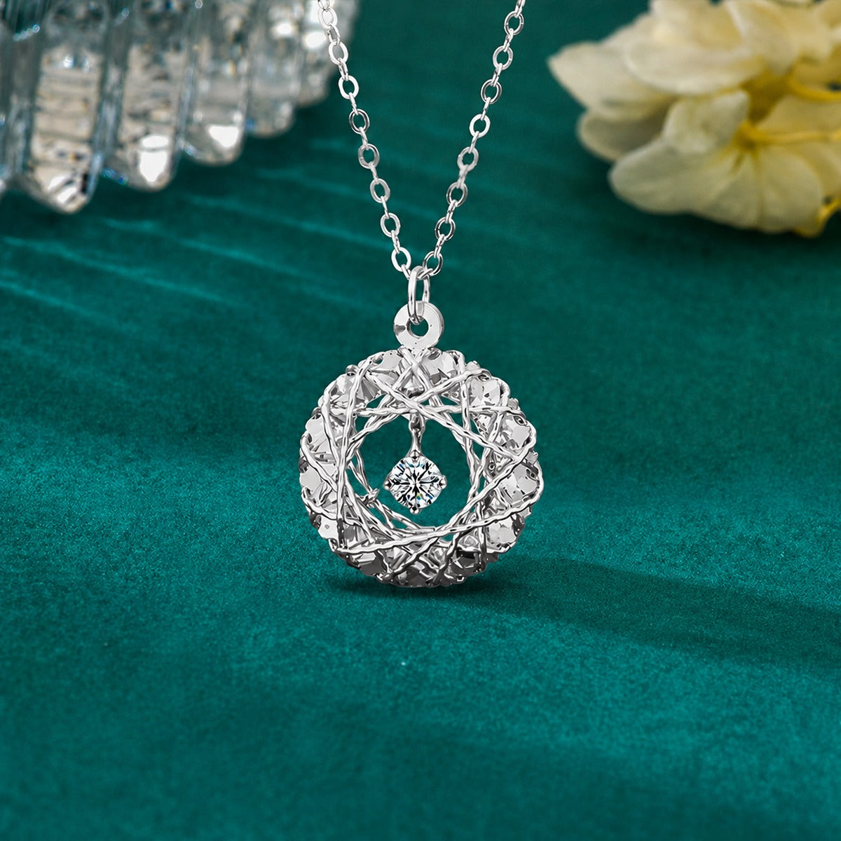 Nest Round Moissanite Necklace in Gold-Plated S925 sterling silver dark display product view showing pendant and chain