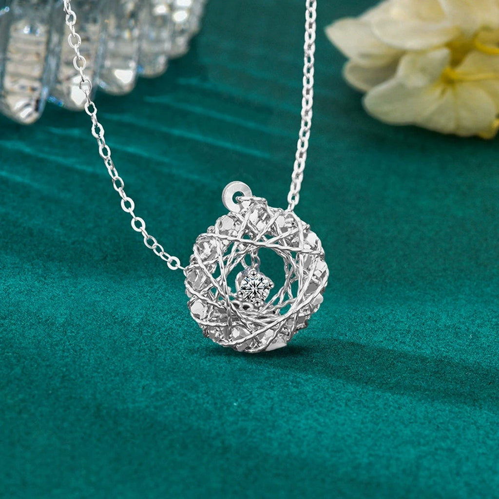 Nest Round Moissanite Necklace in Gold-Plated S925 sterling silver angled necklace detail showing pendant profile