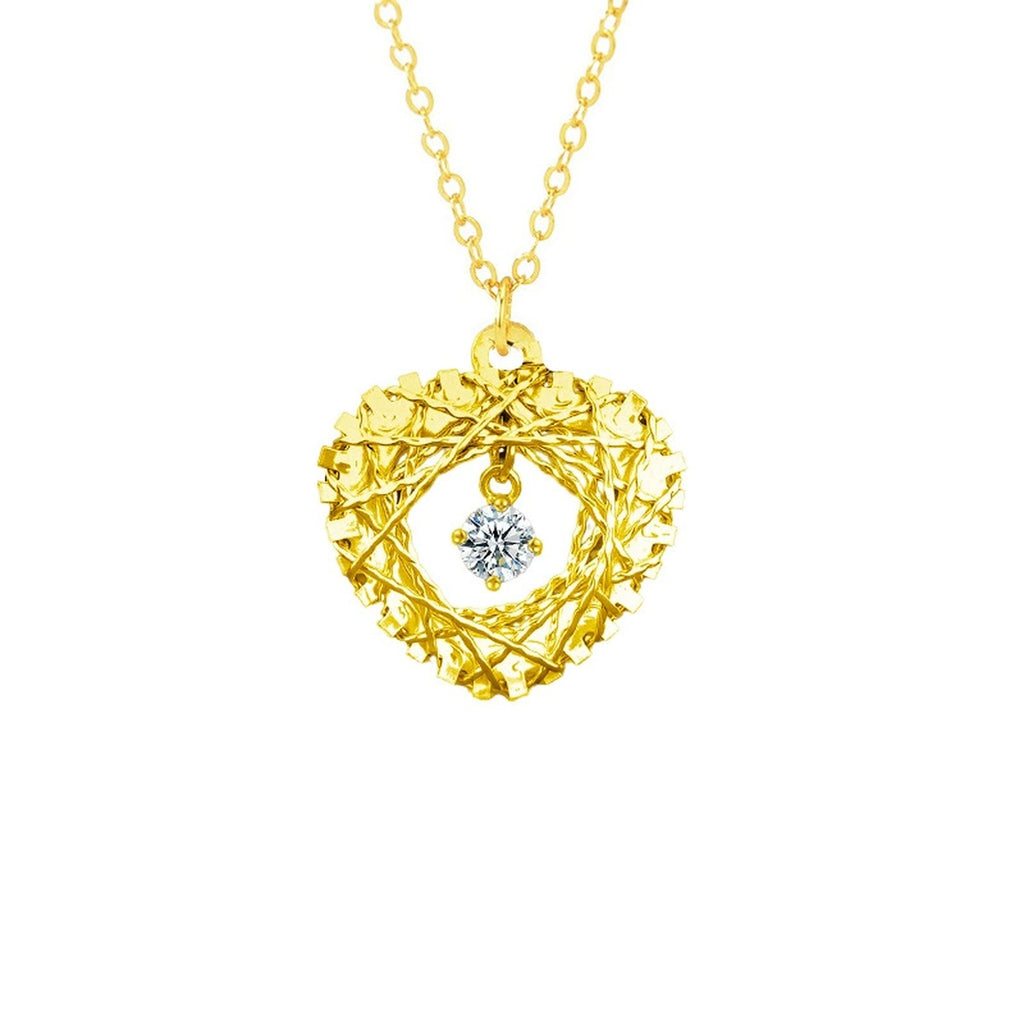 Heart Nest Dancing Round Moissanite Necklace in Gold-Plated S925 sterling silver white background front product view showing woven heart nest surrounding a dancing round moissanite center