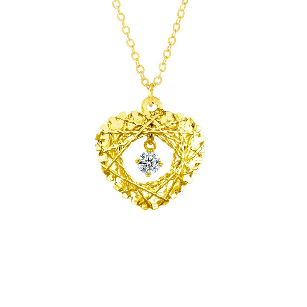 Heart Nest Dancing Round Moissanite Necklace in Gold-Plated S925 sterling silver white background front product view showing woven heart nest surrounding a dancing round moissanite center
