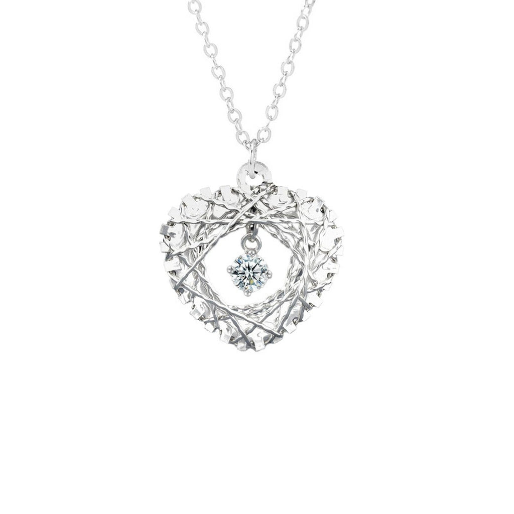 Heart Nest Dancing Round Moissanite Necklace in Gold-Plated S925 sterling silver alternate metal color white background product view showing woven heart nest surrounding a dancing round moissanite center