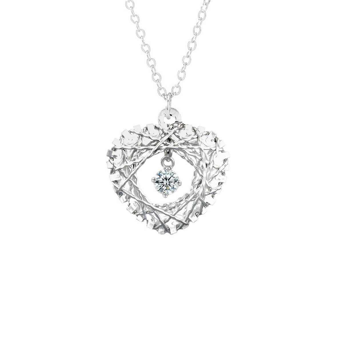 Heart Nest Dancing Round Moissanite Necklace in Gold-Plated S925 sterling silver alternate metal color white background product view showing woven heart nest surrounding a dancing round moissanite center