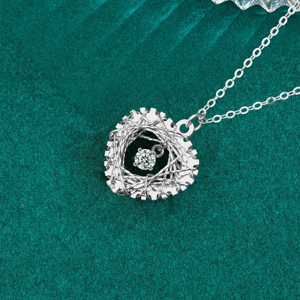 Heart Nest Dancing Round Moissanite Necklace in Gold-Plated S925 sterling silver display scene showing chain and stone layout