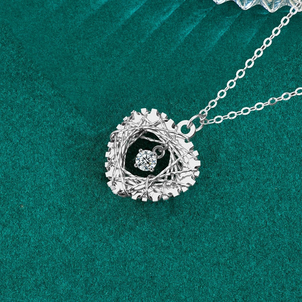 Heart Nest Dancing Round Moissanite Necklace in Gold-Plated S925 sterling silver display scene showing chain and stone layout