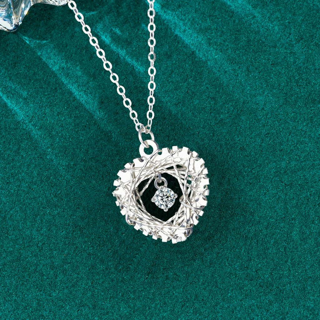 Heart Nest Dancing Round Moissanite Necklace in Gold-Plated S925 sterling silver angled product detail view