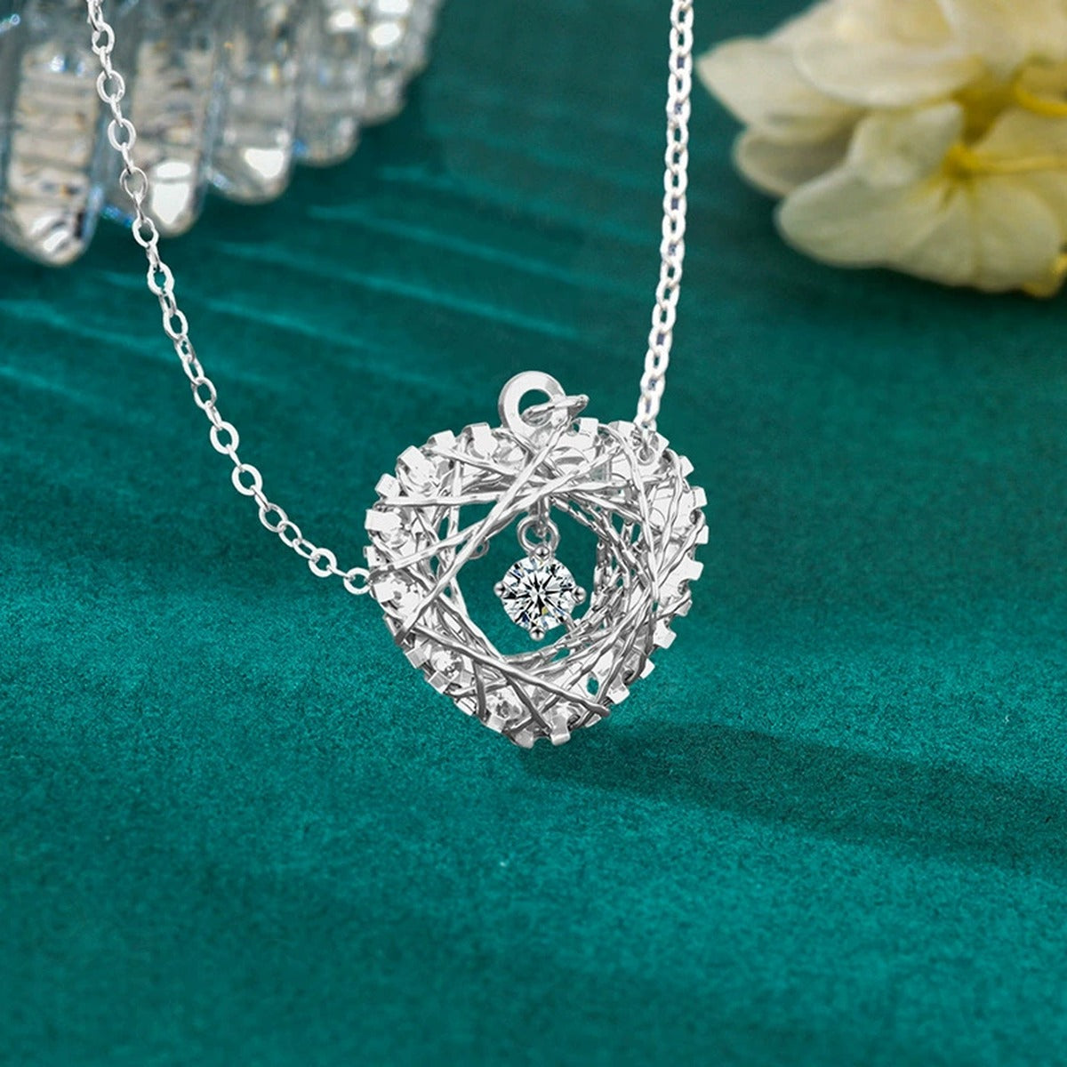 Heart Nest Dancing Round Moissanite Necklace in Gold-Plated S925 sterling silver additional product styling view