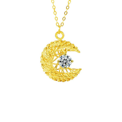 Crescent Moon Nest Round Moissanite Necklace in Gold-Plated S925 sterling silver white background front product view showing woven crescent moon nest holding a round moissanite center