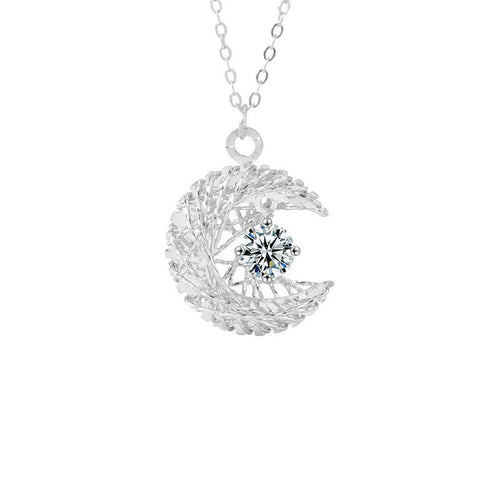 Crescent Moon Nest Round Moissanite Necklace in Gold-Plated S925 sterling silver alternate metal color white background product view showing woven crescent moon nest holding a round moissanite center