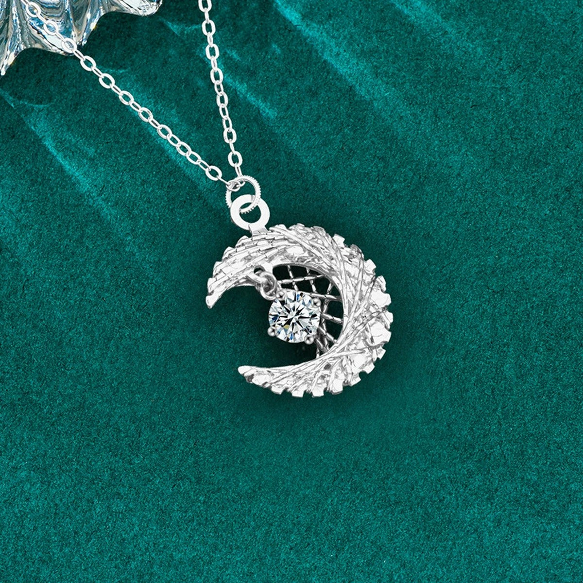 Crescent Moon Nest Round Moissanite Necklace in Gold-Plated S925 sterling silver display scene showing chain and stone layout