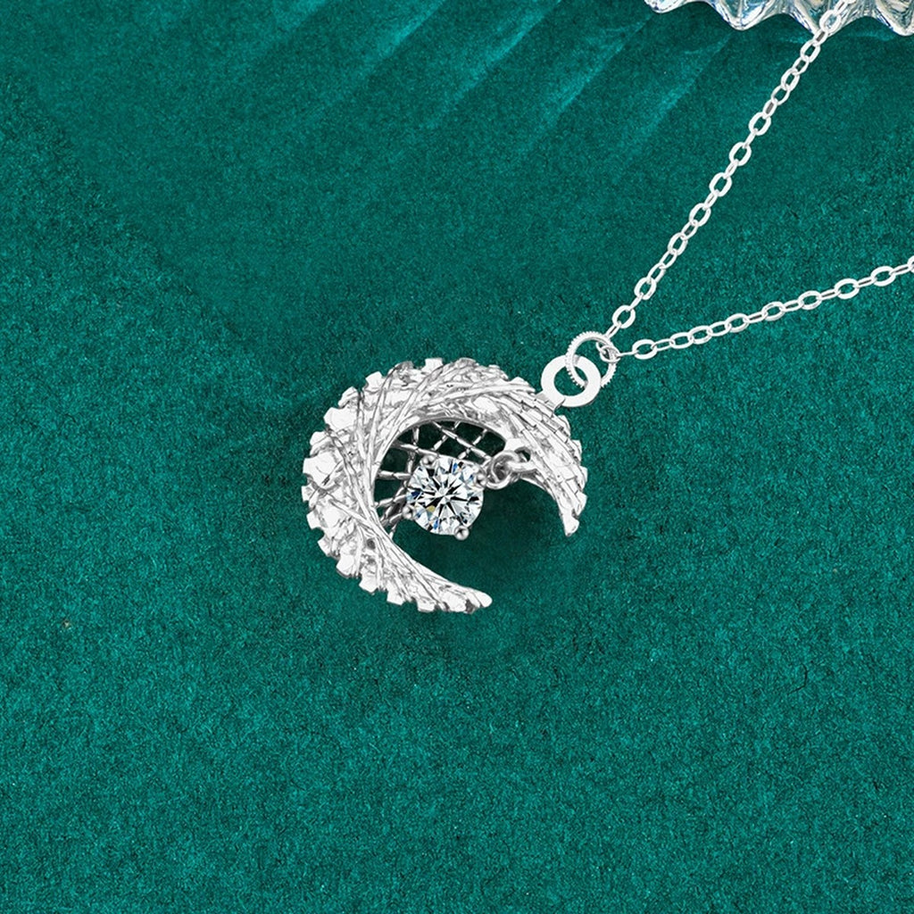 Crescent Moon Nest Round Moissanite Necklace in Gold-Plated S925 sterling silver angled product detail view
