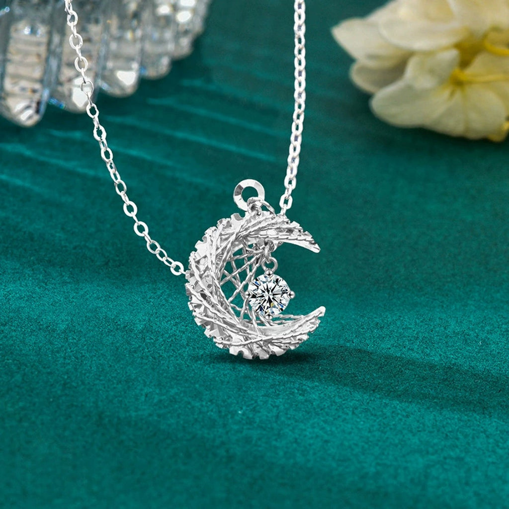 Crescent Moon Nest Round Moissanite Necklace in Gold-Plated S925 sterling silver additional product styling view