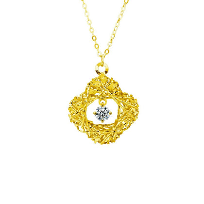 Clover Nest Dancing Round Moissanite Necklace in Gold-Plated S925 sterling silver white background front product view showing woven four-leaf clover nest framing a dancing round moissanite