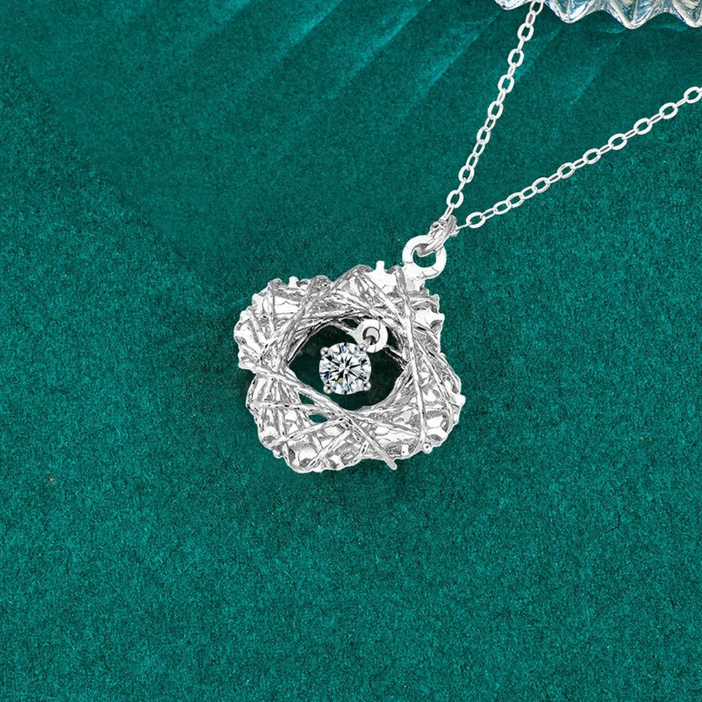 Clover Nest Dancing Round Moissanite Necklace in Gold-Plated S925 sterling silver display scene showing chain and stone layout