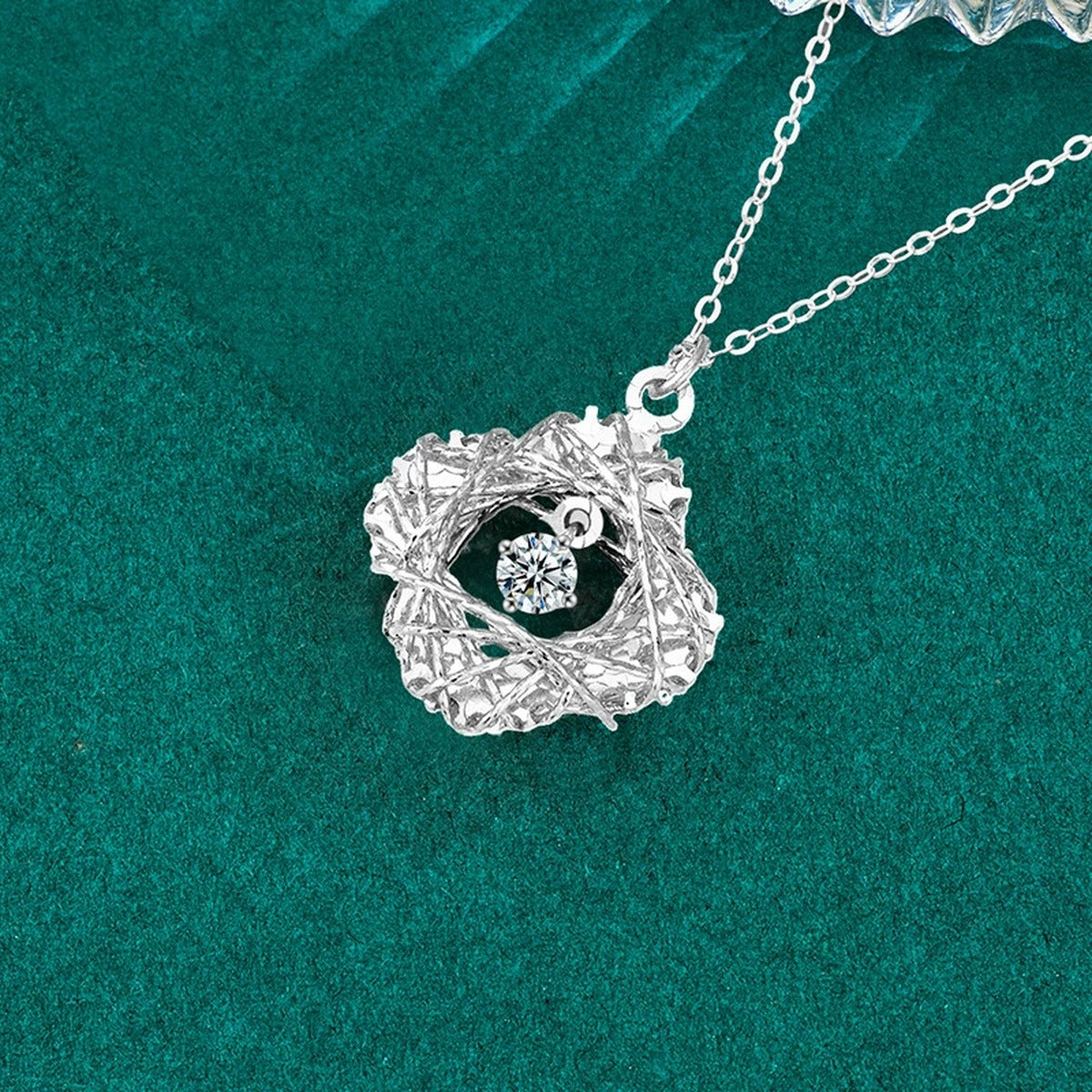 Clover Nest Dancing Round Moissanite Necklace in Gold-Plated S925 sterling silver display scene showing chain and stone layout